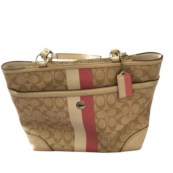 Coach Beige and Pink Stripe Tote Bag - Picture 1 of 9